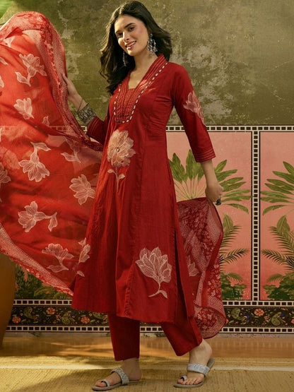 Women's Red Solid Embroidered Cotton A-line Kurta Pant Dupatta Set