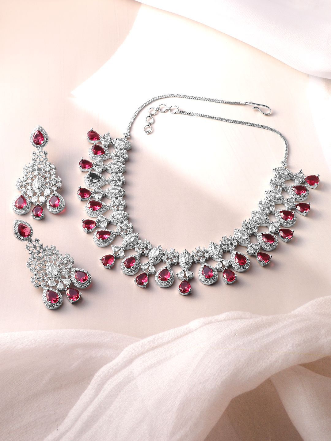 Dhiyona RJ Women's Rhodium-Plated Ruby Red and White Cubic Zirconia Studded Necklace Set