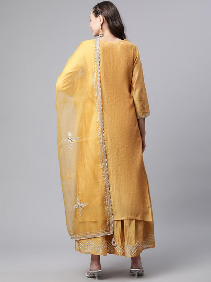 Dhiyona KL Floral Yoke Designed Regular Zari Chanderi Silk Kurta with Sharara & Dupatta
