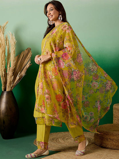 Green Floral Embroidered Round Neck Zari A-Line Kurta With Trouser & Dupatta