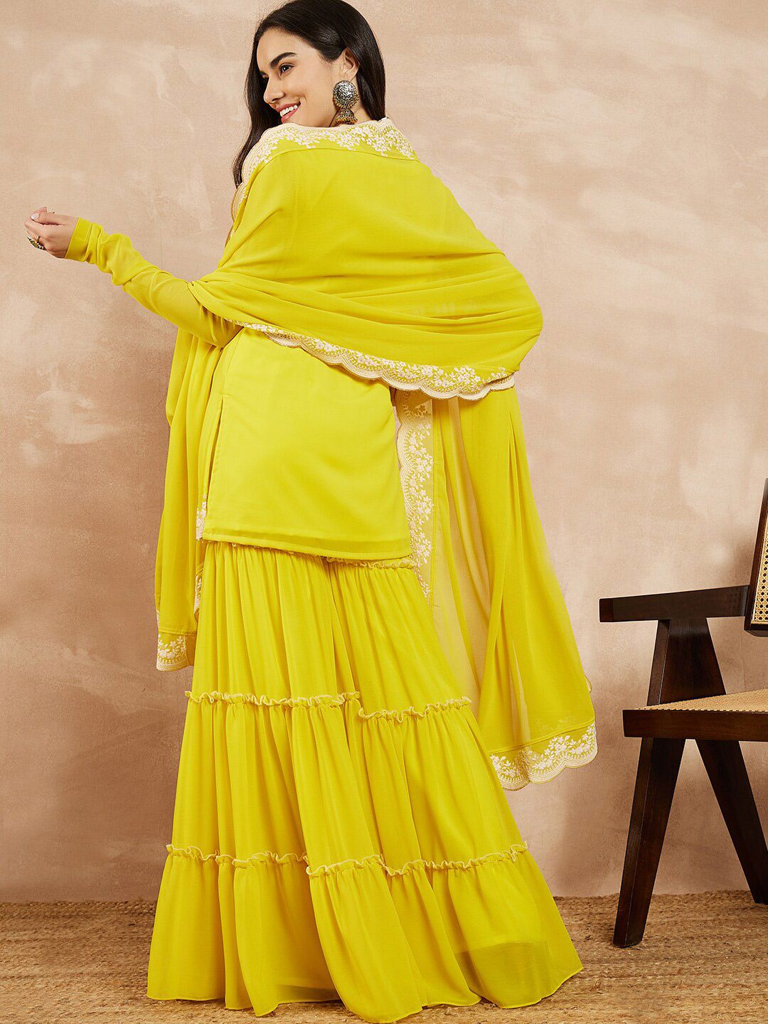 Dhiyona IN Yellow & Gold Toned Yoke Design Embroidered Straight Kurta With Sharara & Dupatta