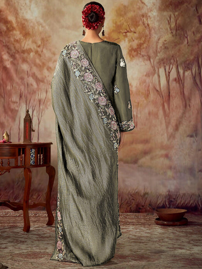 Floral Embroidered Regular Thread Work Chanderi Silk Straight Kurta Set