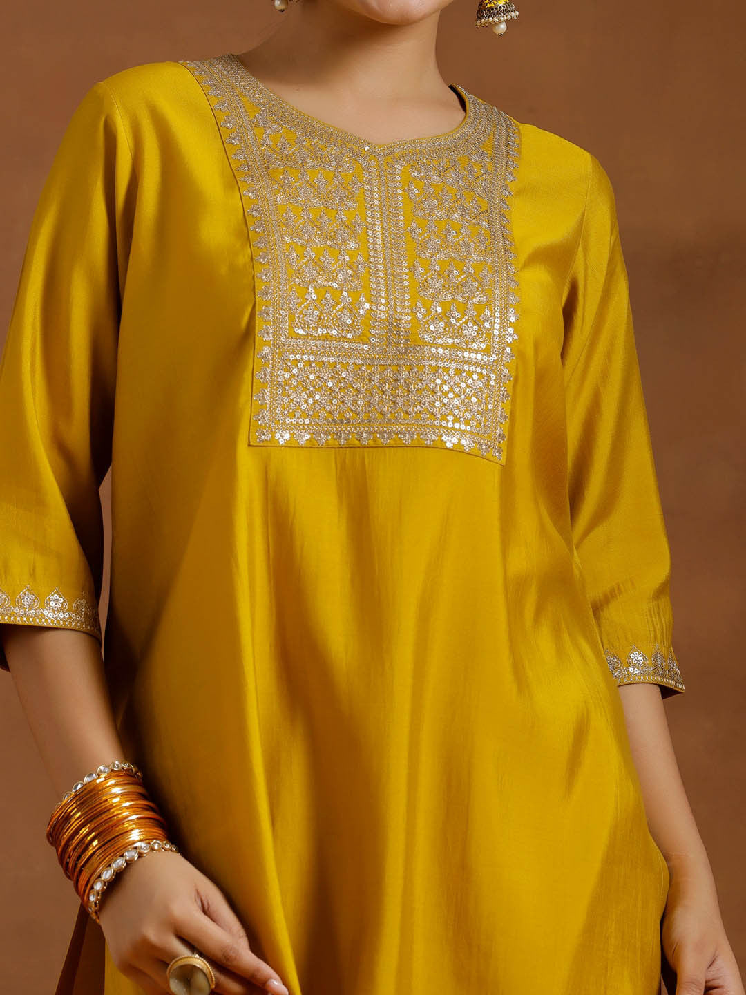 Floral Yoke Design Sequinned Straight Kurta With Salwar & Dupatta