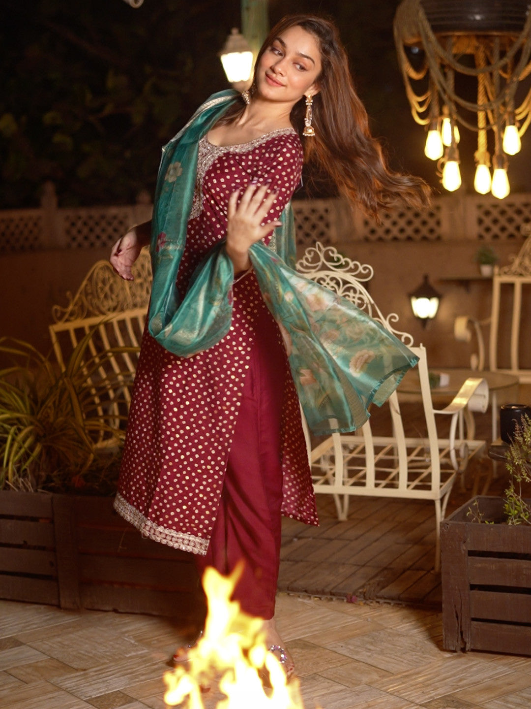 Bandhani Embroidered Sequinned Straight Kurta With Trouser & Dupatta