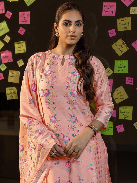 Peach Floral Printed Keyhole Neck Straight Kurta With Salwar & Dupatta