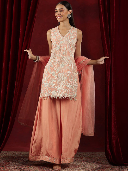 Dhiyona LL Floral Embroidered Beads And Stones Straight Kurta With Palazzos & Dupatta
