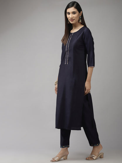 Women Navy Blue Gotta Patti Kurta with Trousers & With Dupatta