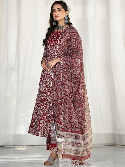 Dhiyona KL Floral Embroidered Gotta Patti Pure Cotton Anarkali Kurta With Trousers & Dupatta