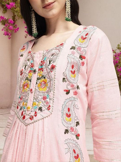 Dhiyona IS Women's Women Floral Embroidered Regular Pure Cotton Kurta with Trousers & Dupatta