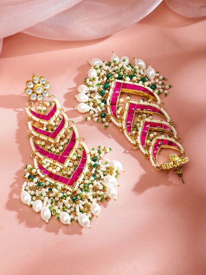 Dhiyona RJ Women's 24K Gold-Plated Ruby Pink Kundan & Green Beaded Handcrafted Shoulder Duster Earring