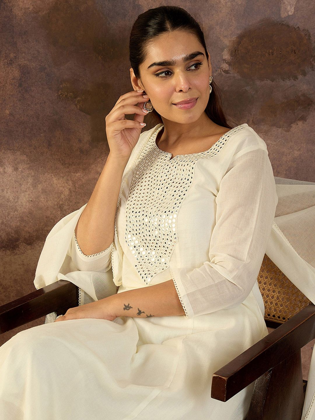 Embroidered Mirror Work Pure Cotton Straight Kurta With Trousers & Dupatta