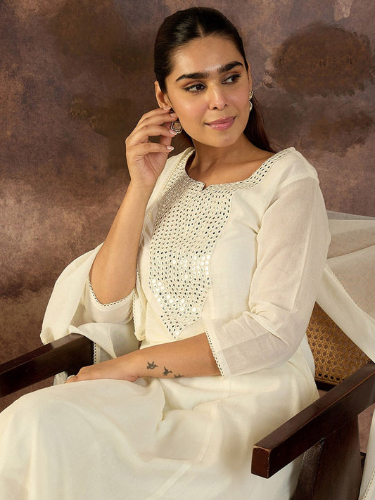 Embroidered Mirror Work Pure Cotton Straight Kurta With Trousers & Dupatta