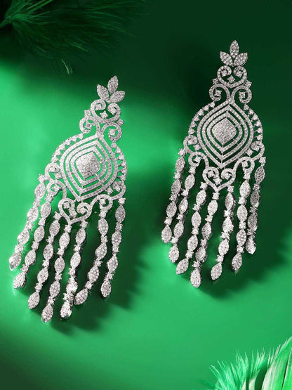 Dhiyona RJ Women's Rhodium Plated AAA Cubic Zirconia Studded Statement Chandelier Earrings