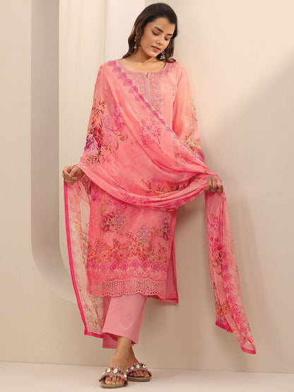 Floral Embroidered Round Neck Beads & Stones Kurta With Trousers & Dupatta
