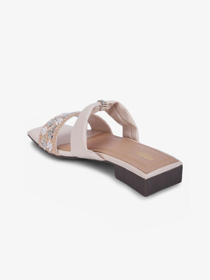 Dhiyona AK Cream-Coloured Embellished Ethnic Open Toe Flats