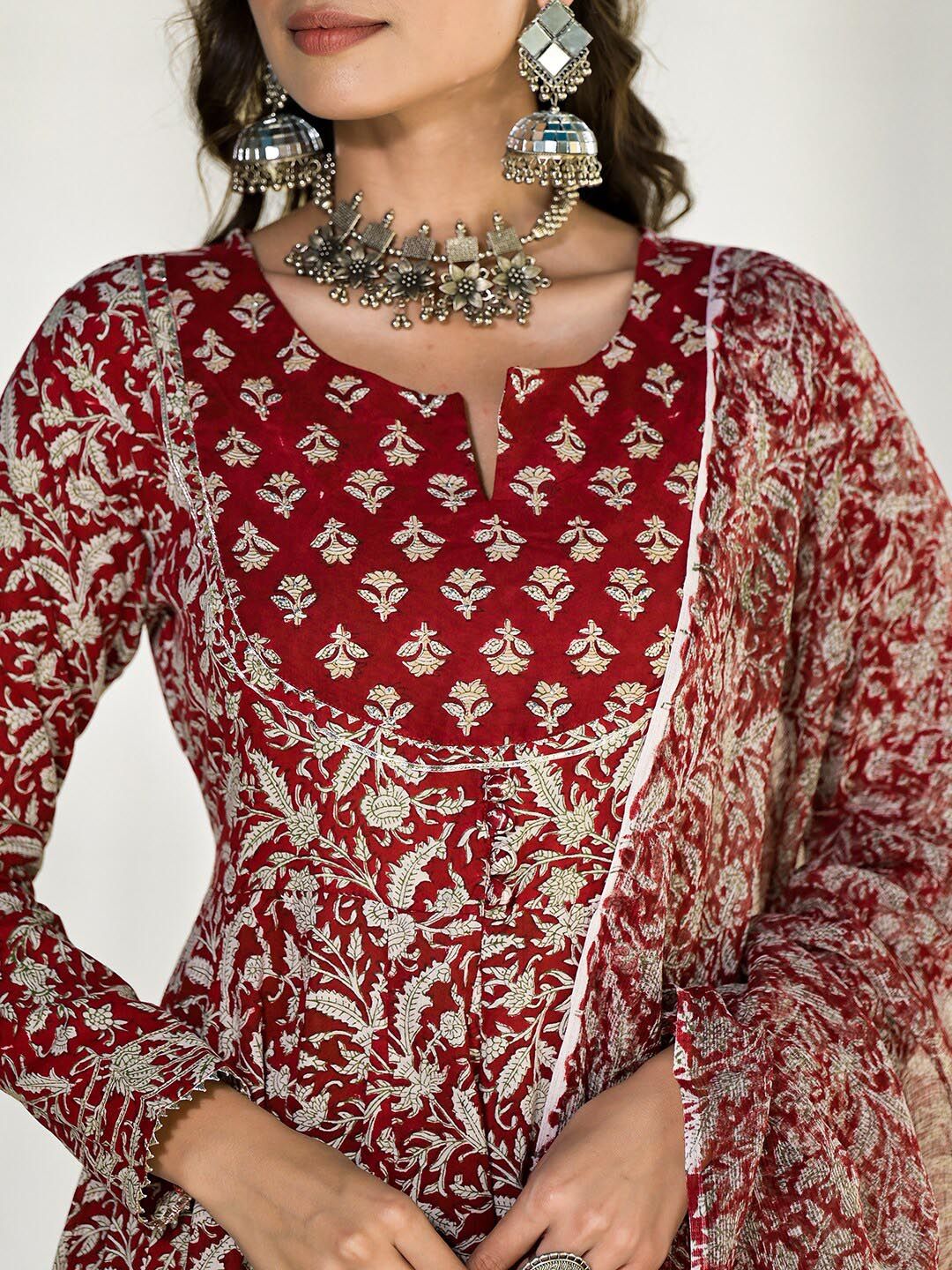 Dhiyona KL Floral Embroidered Gotta Patti Pure Cotton Anarkali Kurta With Trousers & Dupatta