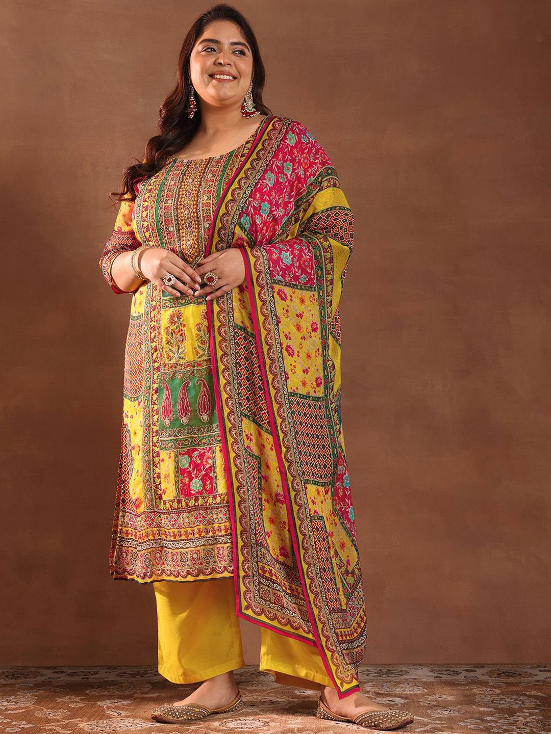 Dhiyona Women's Plus Size Ethnic Motifs Printed Kurta with Palazzos & Dupatta