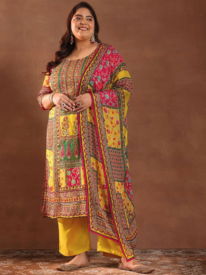 Dhiyona Women's Plus Size Ethnic Motifs Printed Kurta with Palazzos & Dupatta