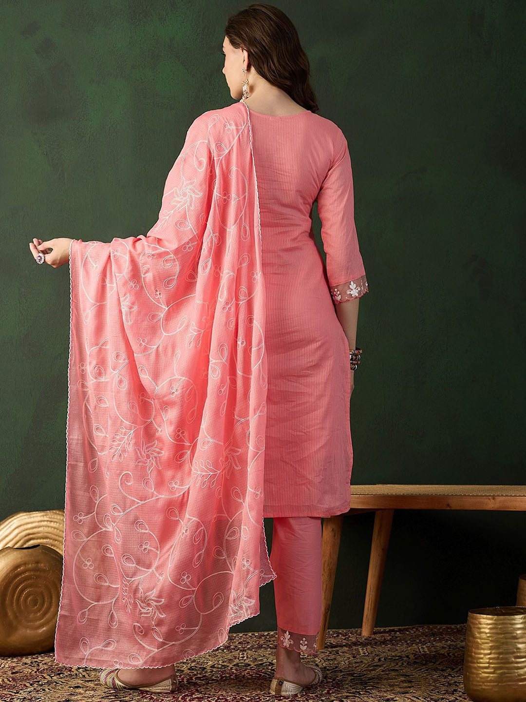 Lucknowi Handwork Embroidered Pure Cotton Straight Kurta Sets With Dupatta