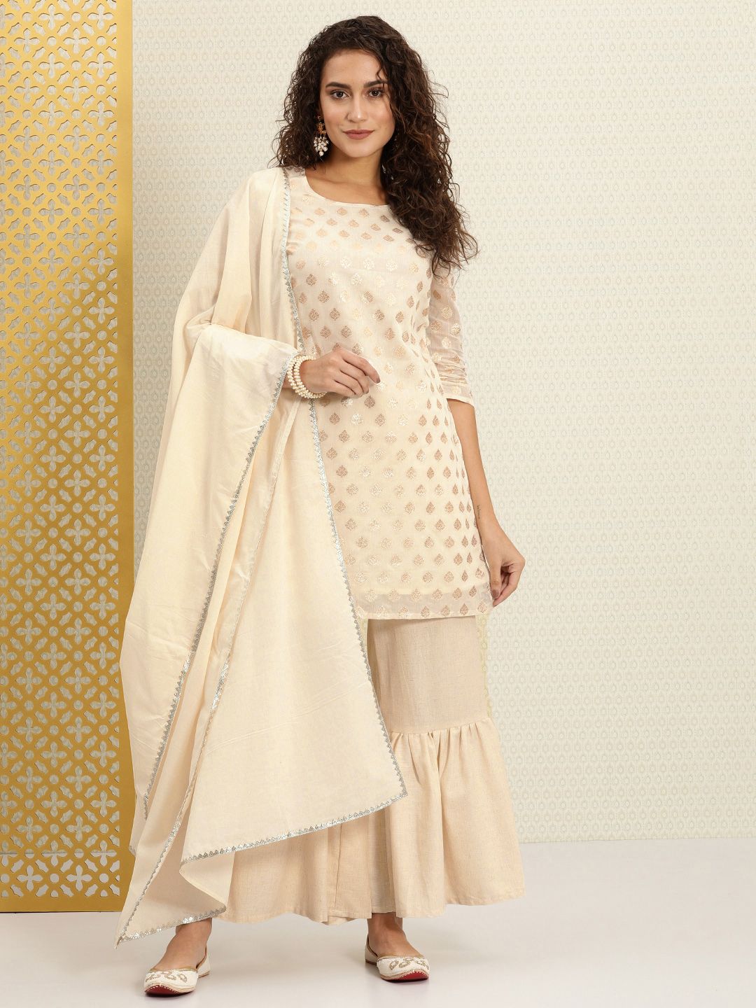 Dhiyona HOP Women Off White Dua Woven Design Zari Kurta with Sharara & Dupatta