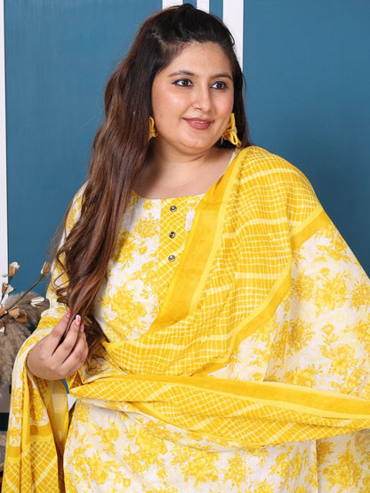 Dhiyona KL Plus Size Floral Printed Pure Cotton Straight Kurta with Palazzos & Dupatta