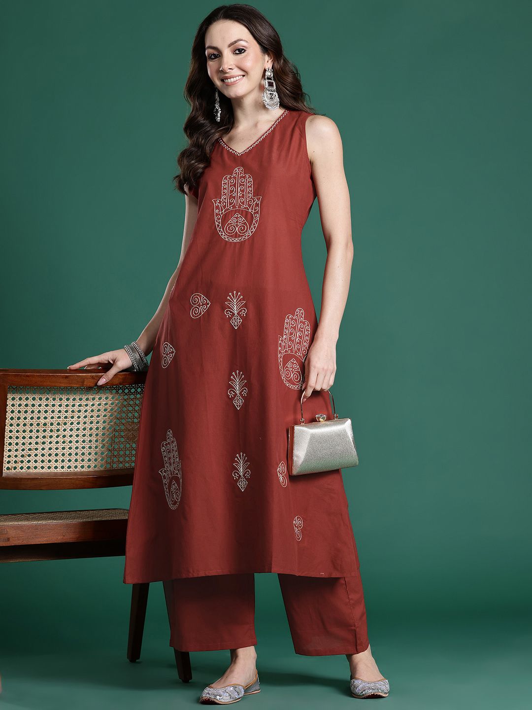 Dhiyona IE Ethnic Motifs Embroidered Pure Cotton Kurta with Palazzos