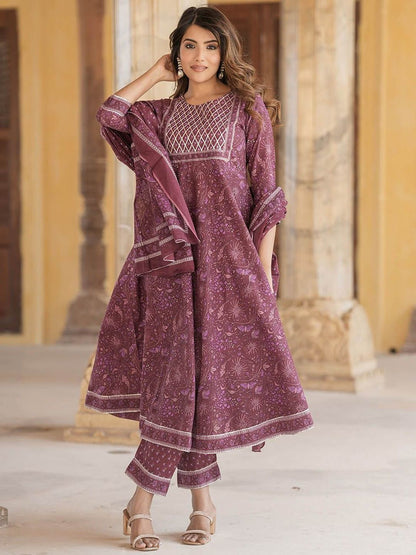 Dhiyona KL Ethnic Motifs Printed Pure Cotton Anarkali Kurta With Trousers & Dupatta