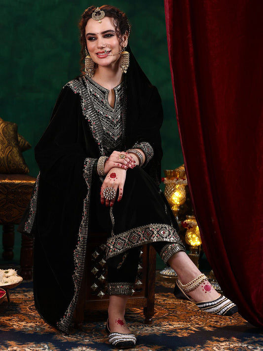 Floral Embroidered Zari Velvet Straight Kurta With Trousers & Dupatta