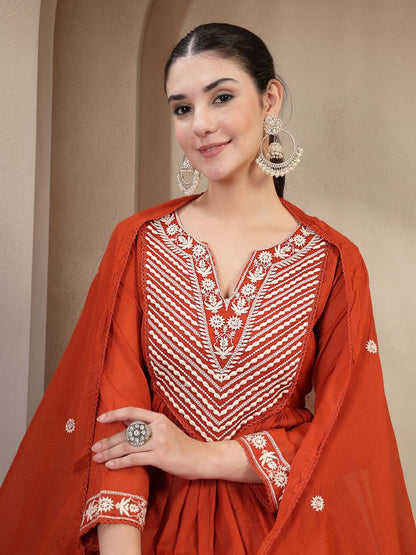 Pure Cotton Round Neck Kurta & Trousers With Dupatta