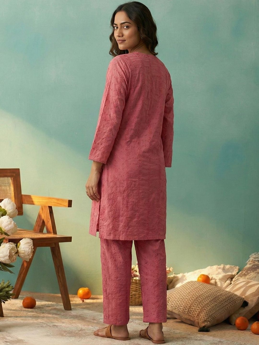 Dhiyona CH Women Ethnic Motifs Embroidered Regular Mirror Work Kurta with Trousers