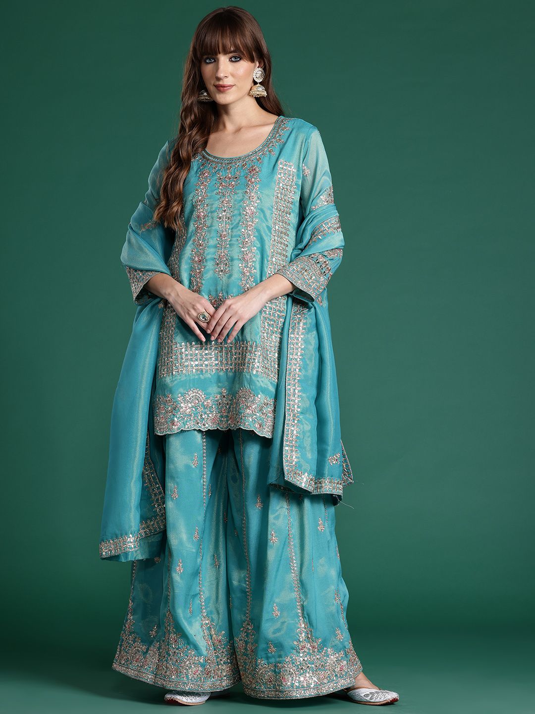 Dhiyona IE Ethnic Motifs Embroidered Sequinned Kurta with Palazzos & With Dupatta
