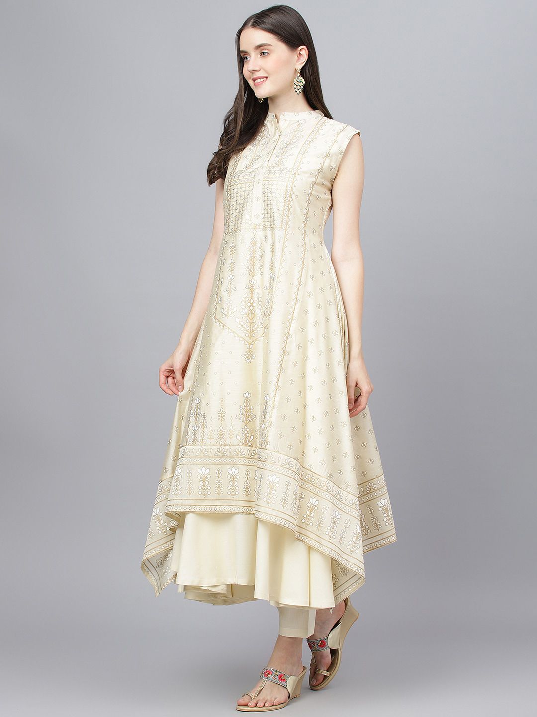 Dhiyona KL Ethnic Motifs Printed Layered Chanderi Silk Kurta With Trousers & Dupatta