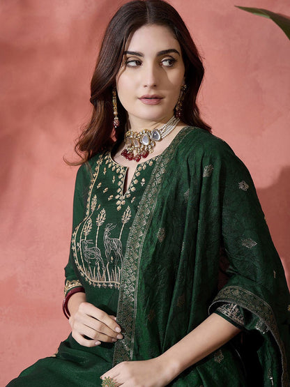 Dhiyona SN Women's Floral Embroidered Straight Kurta With Trouser And Dupatta