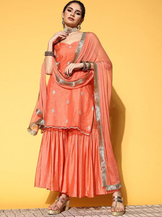 Dhiyona VA Ethnic Motifs Embroidered Thread Work Kurta with Sharara & Dupatta