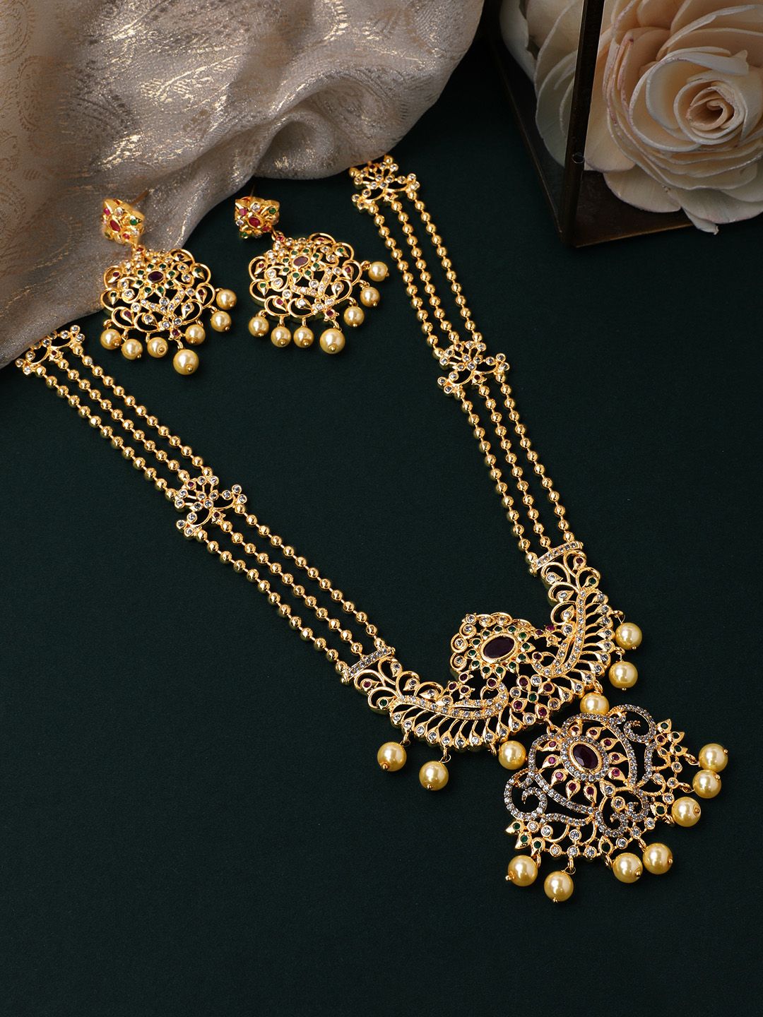 Dhiyona RJ Women's 22K Gold-Plated Ruby & CZ Studded Multistand Jewellery Set with Pearl Accents