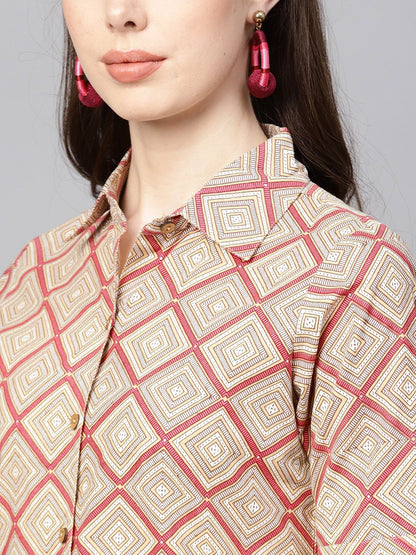 Dhiyona AY Women's Beige & Pink Printed Shirt Dress