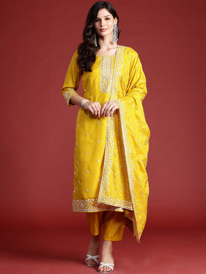 Floral Embroidered Sequinned Kurta With Trousers & Dupatta