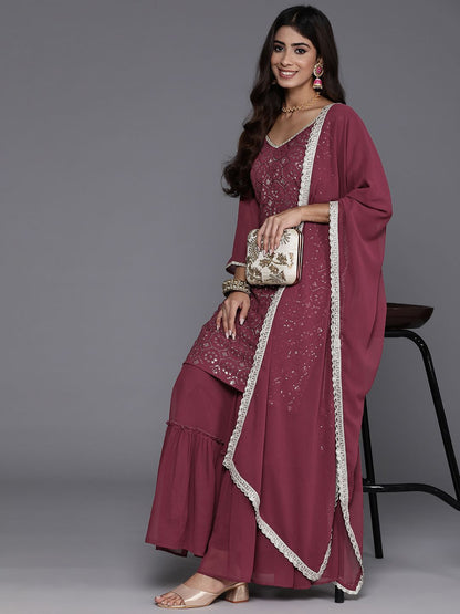 Dhiyona IE Women Embroidered Straight Sequinned Kurta with Sharara & With Dupatta