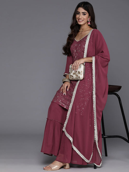 Dhiyona IE Women Embroidered Straight Sequinned Kurta with Sharara & With Dupatta