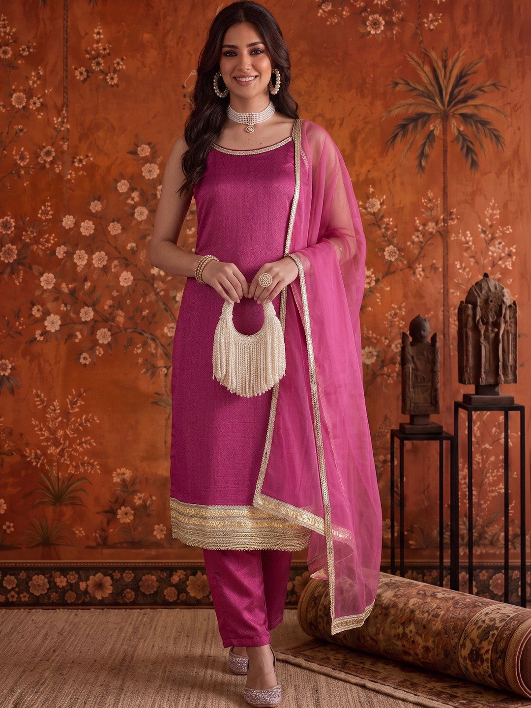Dhiyona SN Silk Blend Round Neck Kurta & Trousers With Dupatta