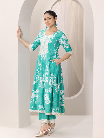 Womens Blue Printed Anarkali Kurta With Trousers & Dupatta
