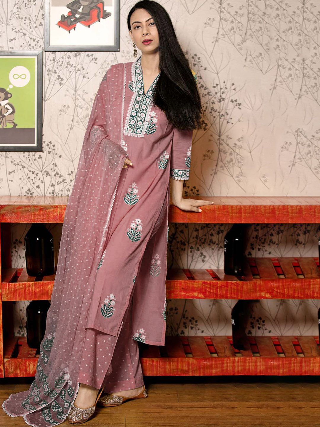 Dhiyona KL Floral Printed V-Neck Straight Kurta With Palazzos And Dupatta