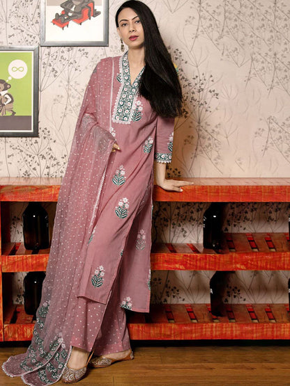 Dhiyona KL Floral Printed V-Neck Straight Kurta With Palazzos And Dupatta