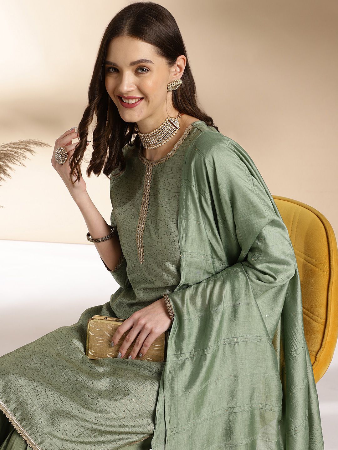 Dhiyona AN Green Ethnic Motifs Printed Straight Pure Silk Kurta With Sharara & Dupatta