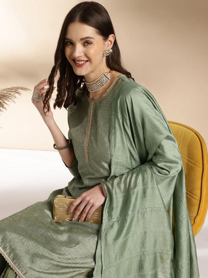 Dhiyona AN Green Ethnic Motifs Printed Straight Pure Silk Kurta With Sharara & Dupatta