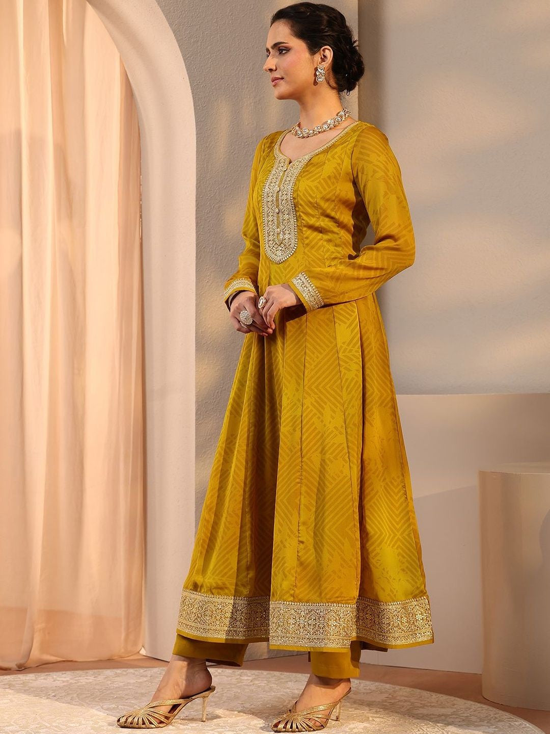 Mustard Embroidered Chiffon Anarkali Suit Set With Dupatta