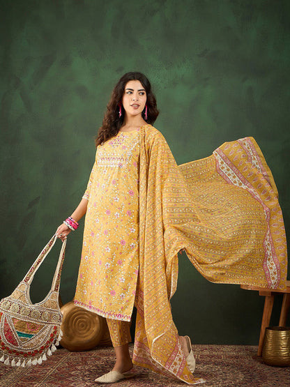 Printed & Thread Work Pure Cotton Kurta With Trousers & Dupatta Set