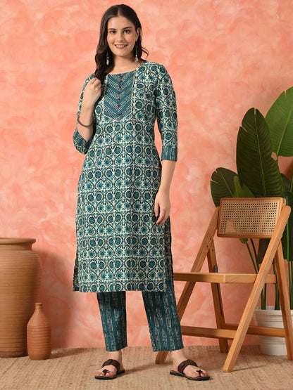 Women Floral Printed Pure Cotton Kurta With Trousers Set