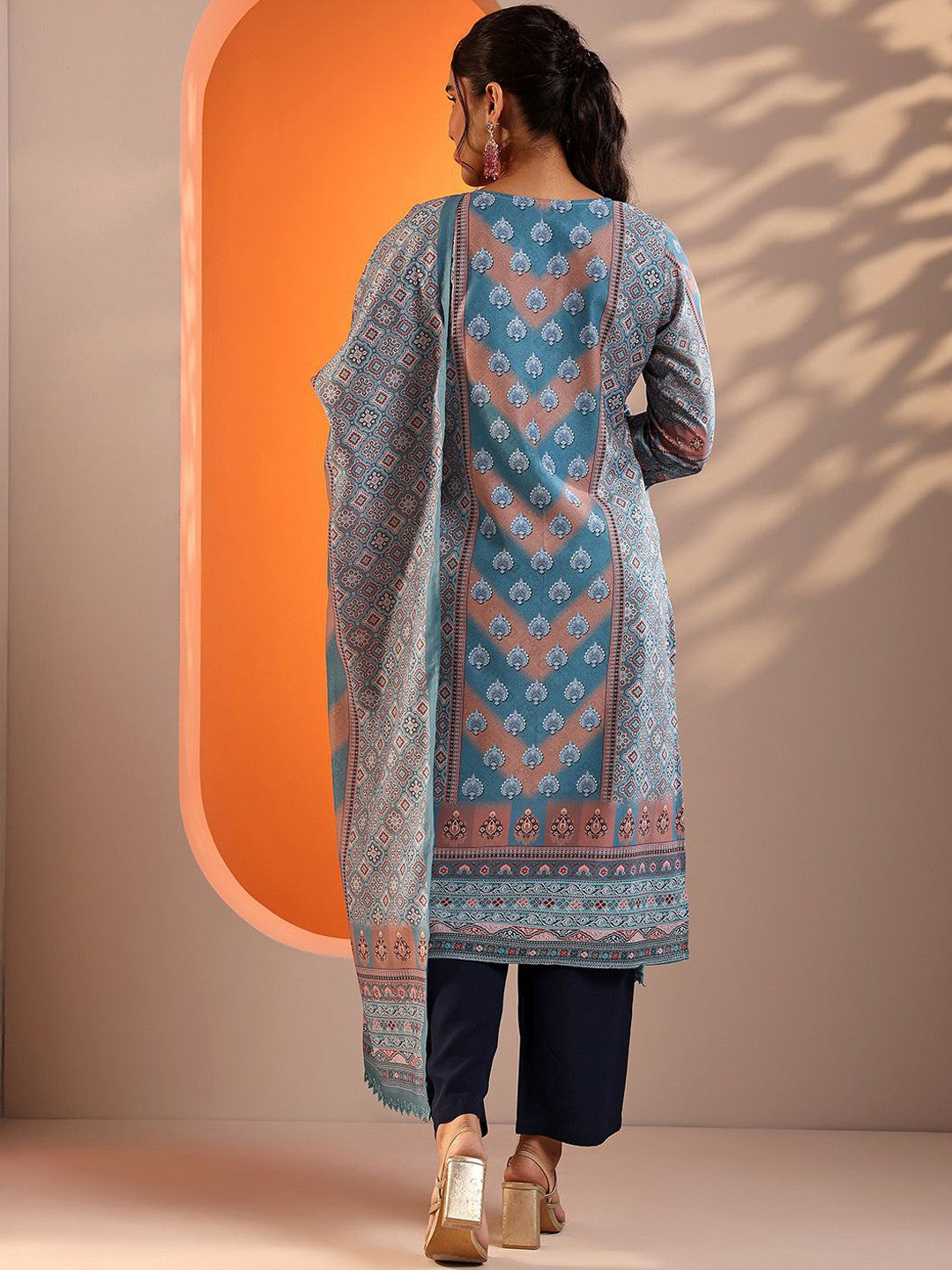 Ethnic Motifs Printed Thread Work Straight Kurta With Trousers & Dupatta