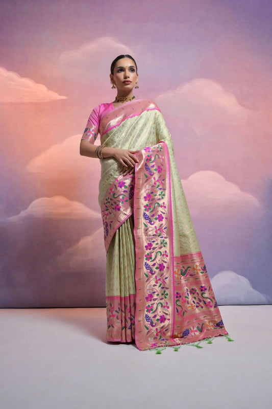 Women Paithani Vani Pista Saree With Unstiched Blouse